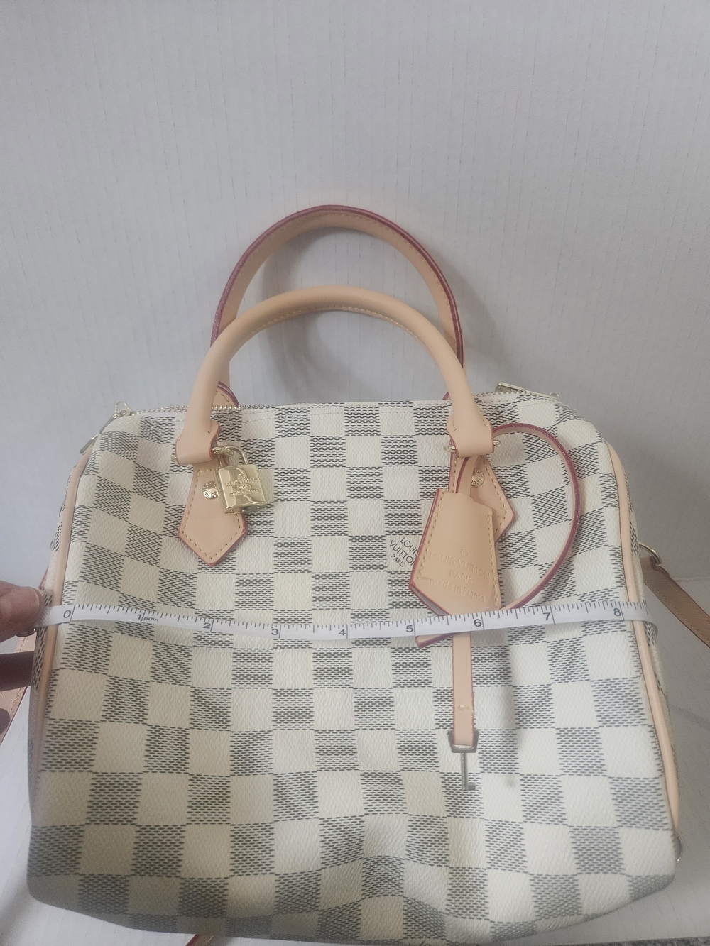 Cream Checkered Women's Satchel Bag with Leather Trim Speedy 25 - Picture 8 of 11